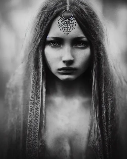 Prompt: beautiful insanely detailed portrait of a dark and mysterious oracle female, 35mm, cinematic shot, photorealistic, hard light, depth of field