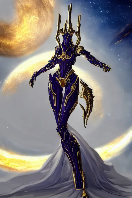 Image similar to intricate high detail elegant beautiful stunning quality cosmic huge goddess giantess hot female warframe anthro mecha female dragon, gold body, sleek metal ears, sleek eyes, smooth blue skin, sleek gold armor, bigger than galaxy, epic proportions, epic scale, epic size, warframe destiny art, furry, dragon art, goddess, giantess, furaffinity, octane