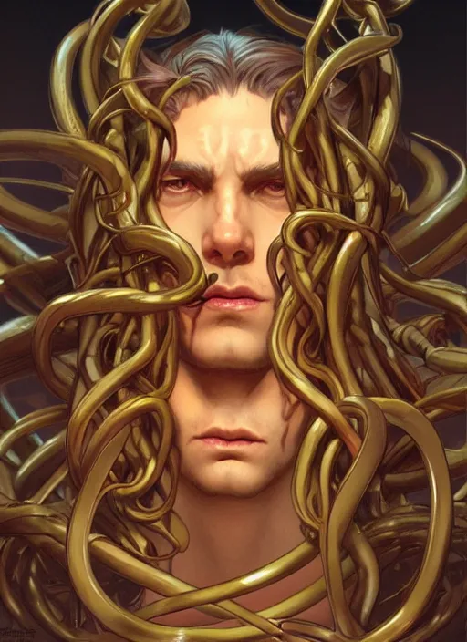 Prompt: male medusa, highly detailed, digital painting, artstation, concept art, smooth, sharp focus, illustration, art by artgerm and greg rutkowski and alphonse mucha