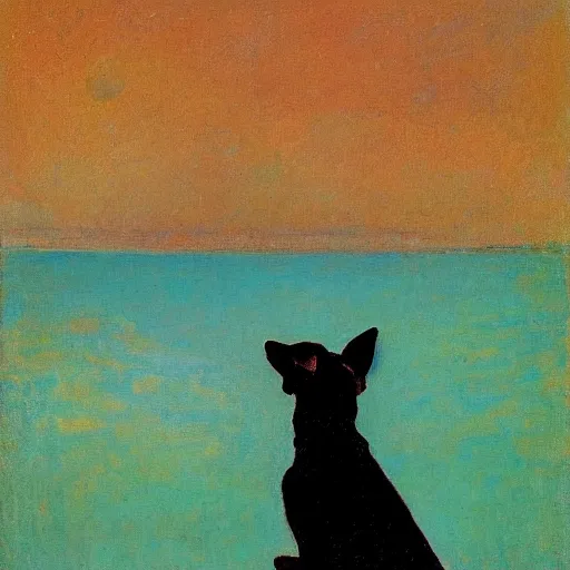 Image similar to a woman and her black and brown chihuahua looking out to sea by odilon redon