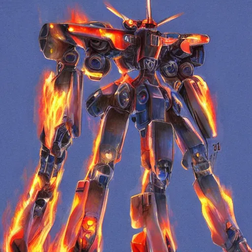 Image similar to beautiful picture of a giant Mecha, fire, burning, ember, dramatic, anime style, art by Yasuhiko Yoshikazu, trending on Artstation