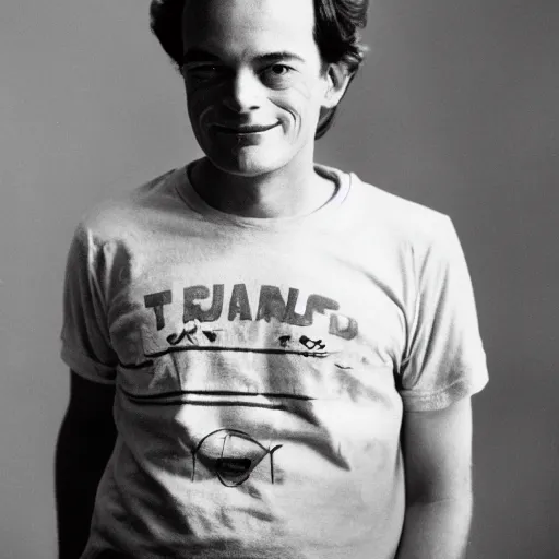 Image similar to The young Richard Feynman wearing a t-shirt, stunning portrait, 35mm F/1.2