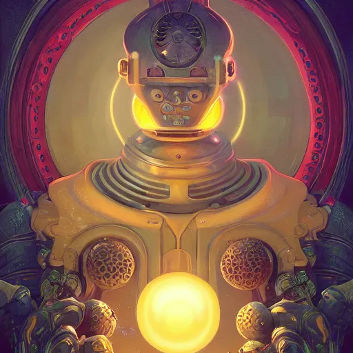 Prompt: a stylistic portrait of a robot god surrounded by small glowing orbs, D&D, fantasy, intricate, smooth, golden hour, artwork by Peter mohrbacher and Wayne barlowe