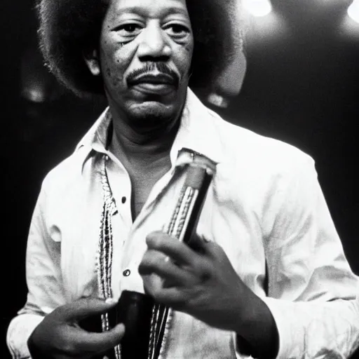 Image similar to a 1970s film still of Morgan Freeman dressed as a funk singer, 40mm lens, shallow depth of field, split lighting