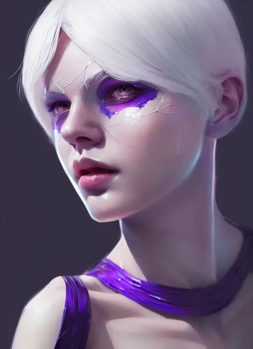 Image similar to a beautiful white - haired girl with purple eyes dressed as a superhero, intricate, elegant, highly detailed, digital painting, artstation, concept art, smooth, sharp focus, illustration, ethereal, misty, by ilya kuvshinov and jeremy mann, 8 k, octane render