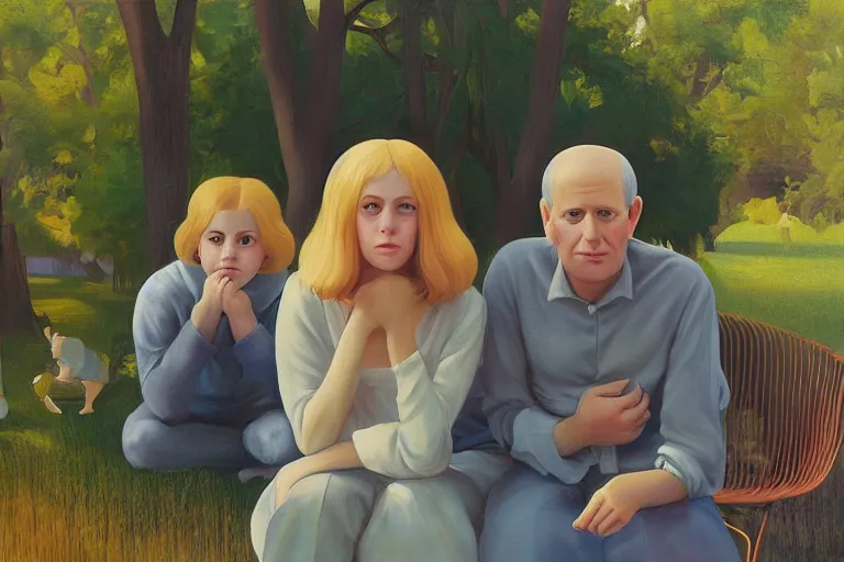 Image similar to beautiful painting of friends, beautiful faces, sitting on the edge, cute, soft light, digital painting by diane arbus and ralph mcquarrie and harry bertoia