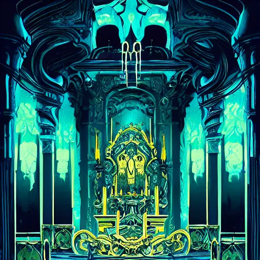 Image similar to Rafael Albuquerque comic art and artgerm, The interior of an underwater city, insanely ornamented with baroque evil golden decorations, black ornaments, ominous devilish altar made of bones, blue neon light coming from the windows, mysterious atmosphere, octane