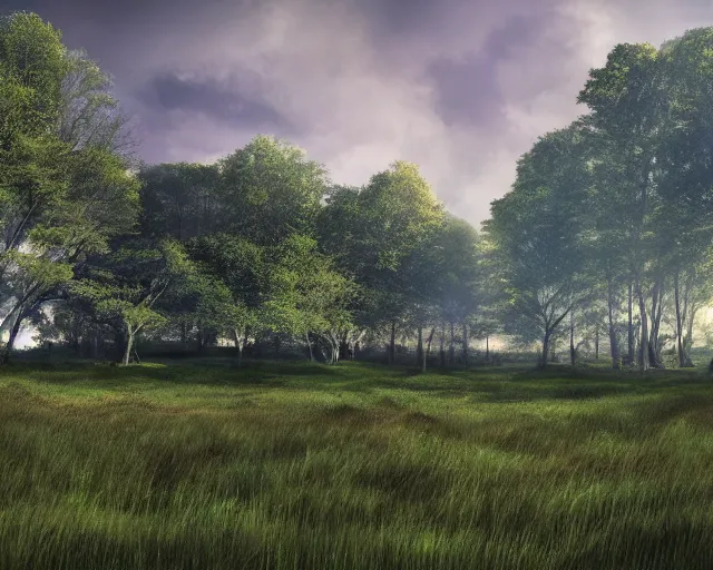 Prompt: Small flat clearing of vibrant green grass shrouded under a blue cloudy sky, surrounded by dense creeping Everfree forest with short dark trees, 4k landscape, 1000 hour digital artwork by Jim Burns