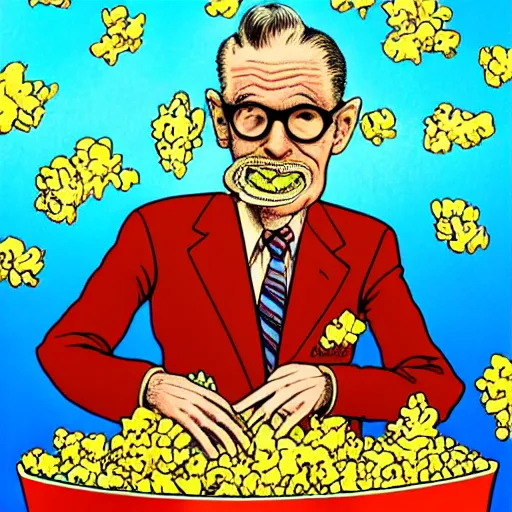 Image similar to The Artwork of R. Crumb and his Cheap Suit Orville Redenbacher tells you to eat his popcorn, pencil and colored marker artwork, trailer-trash lifestyle