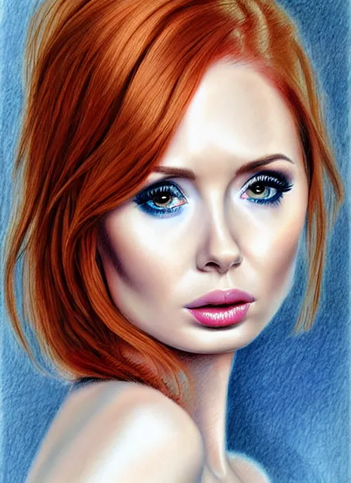 Image similar to sultry look in her eyes Karen Gillan close-up portrait, complex artistic color pencil sketch illustration, full detail, gentle shadowing, fully immersive reflections and particle effects.