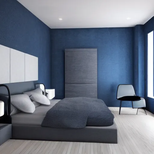 Image similar to designer photograph of minimalist bedroom, colors of blues and grey