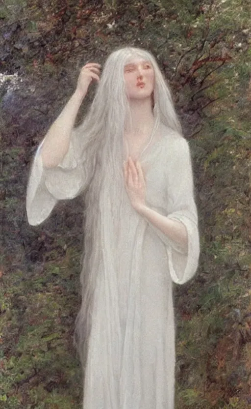 Image similar to say who is this with silver hair so pale and wan! and thin!? female angel in white robes flowing hair fair body, white dress!! of silver hair, covered!!, clothed!! lucien levy - dhurmer, fernand keller, oil on canvas, 1 8 9 6, 4 k resolution, aesthetic, mystery