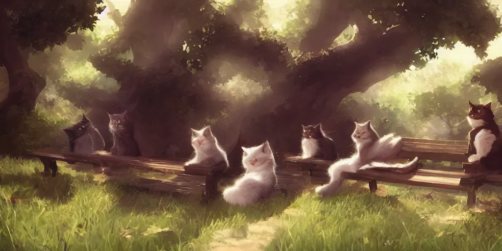 Image similar to several cats sitting on a bench, close up shot, anime art, Greg Rutkowski, studio ghibli, dramatic lighting