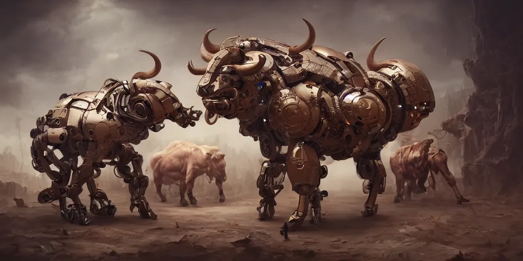 Prompt: hyperrealistic photography of cyborg minotaurs assisting a concept machine in the style of Jin Kagetsu, patricia piccinini, James Jean and wlop, highly detailed, masterpiece, award-winning, sharp focus, intricate concept art, ambient lighting, 8k, artstation