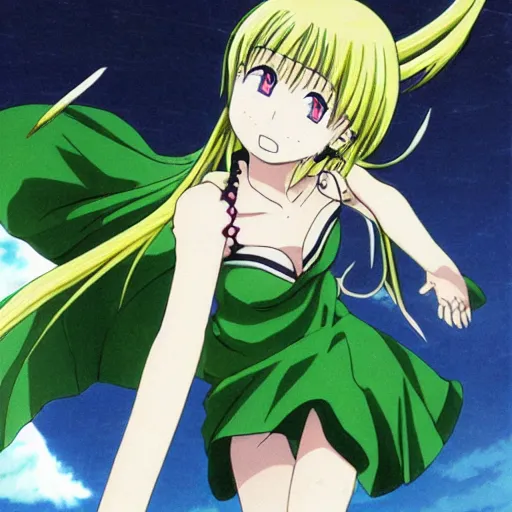 Image similar to anime, girl, green dress, flying, by eiichiro oda