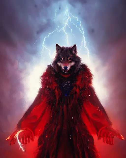 Image similar to oil painting of Anthropomorphized Wolf Shaman casting spell, wearing red fur cloak, sharp focus, lightning storm background, magical aura, evil, heroic pose, fantasy style, octane render, volumetric lighting, 8k high definition, by greg rutkowski, highly detailed, trending on art Station, magic the gathering artwork, Lightning storm background, centered, dramatic artwork