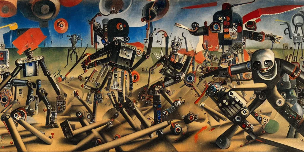 Image similar to scene from future robot battle, painting by otto dix, 8 k