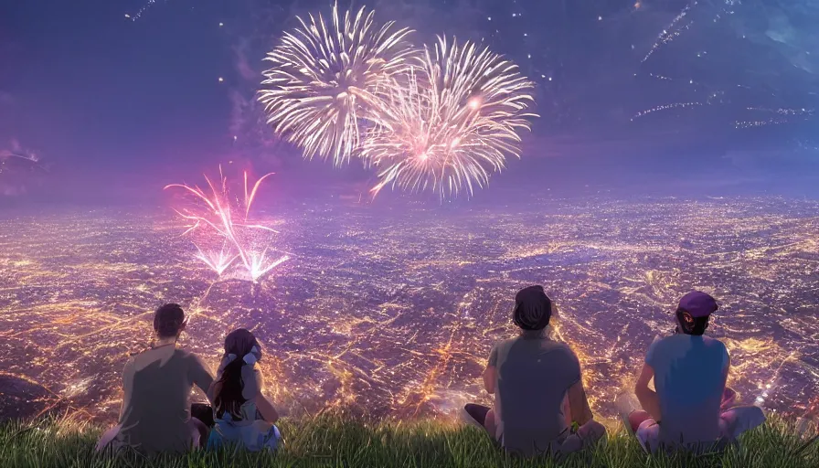 Prompt: people sitting on a hill watching fireworks above los angeles, hyperdetailed, artstation, cgsociety, 8 k