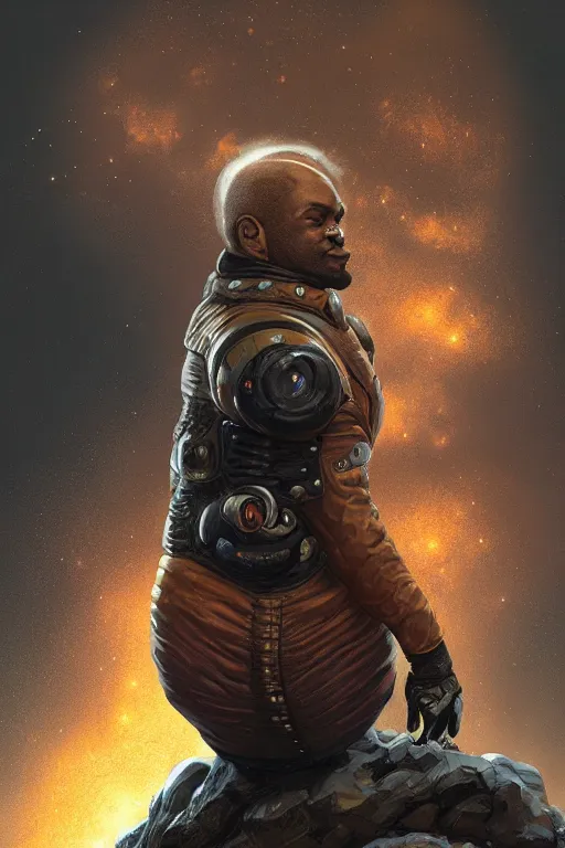 Prompt: portrait of a black man as baron harkonnen wearing leather spacesuit, standing on rocky outcrop, detailed, nebula space background, illustration by normal rockwell, artstation character art, adebanji alade, concept art, greg rutkowski