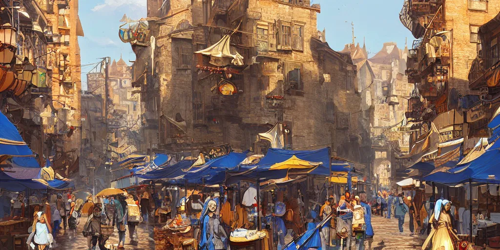 Prompt: a busy fantasy street day market from within a fascinating old city, water streets with gold and blue accented boats by sylvain sarrailh, by sebastian luca, by nicodemus yang - mattisson, cinematic, simple but effective composition, clean lines, beautiful digital painting, oil painting, dungeons and dragons, lord of the rings