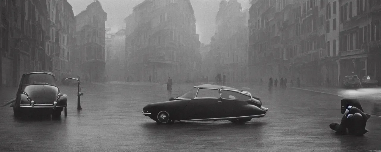 Image similar to A mysterious figure at a black 1955 Citroen DS 19 with the headlights on, smoking a cigarette, parked on the side of the road in the city of Rome while it is raining, by George Tooker, moody, sinister, lighting, hyperrealistic