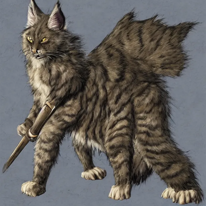 Image similar to khajit tabaxi catfolk humanoid with maine coon features black fur with a scar on the left eye and holding two shortswords cloaked in shadow and wearing hooded leather armor toned muscle, dungeons and dragons, pure white background, fantasy, tarot card style, high detail, hyper realistic