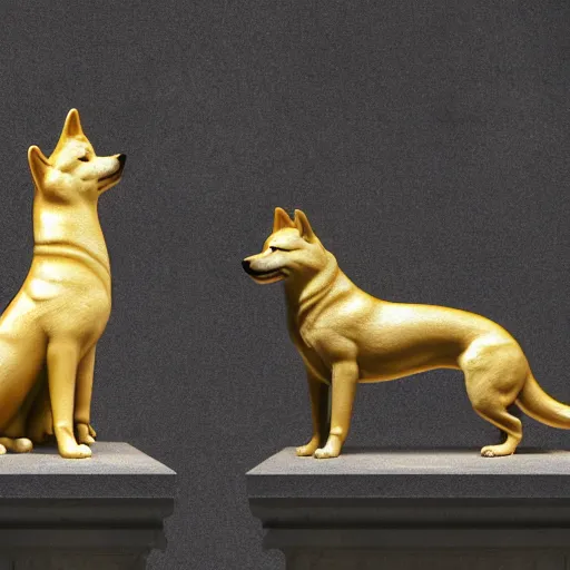 Image similar to side portrait of a shiba inu in the form of a greek sculpture in marble, with a gold crown, baroque elements in the background, museum. intricate artwork by miguel angel. photorealistic. ultra detailed. flash. octane render. cinematic. 4 k. bokeh.