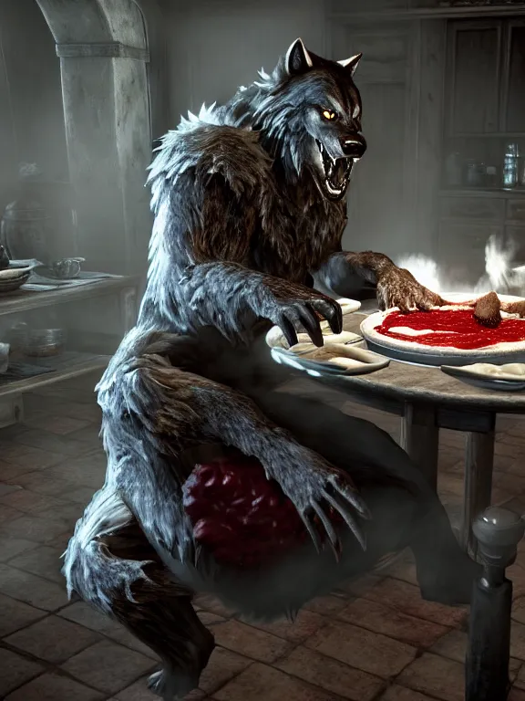 Prompt: cute handsome cuddly burly surly relaxed calm timid werewolf from van helsing sitting down at the breakfast table in the kitchen of a normal suburban home wearing a chefs apron having fun baking strawberry tart cakes unreal engine hyperreallistic render 8k character concept art masterpiece screenshot from the video game the Elder Scrolls V: Skyrim
