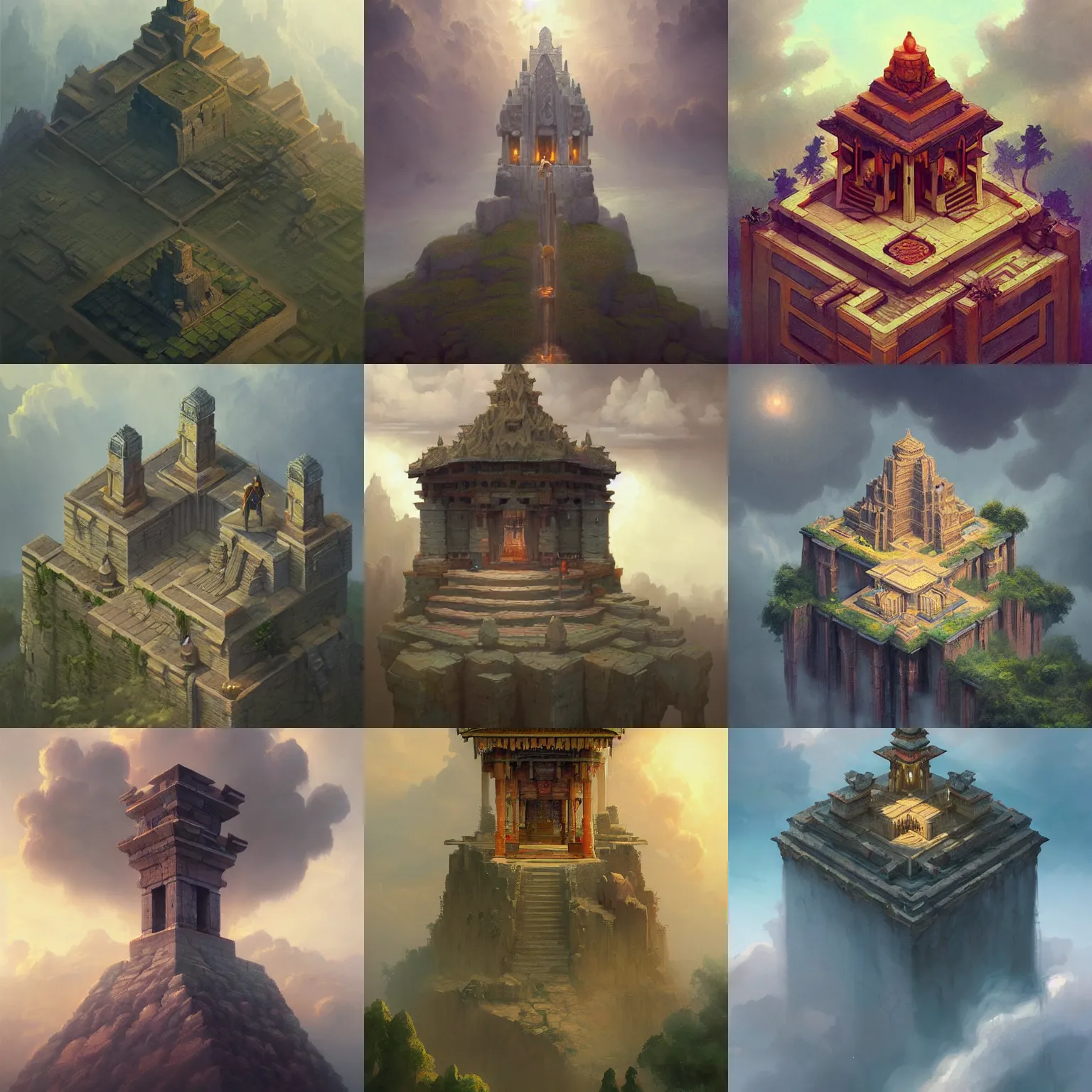 Image similar to an isometric temple in the clouds, by greg rutkowski and james gurney, trending on artstation