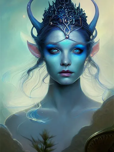 Image similar to the elven queen with blue skin by james jean, charlie bowater, tom bagshaw, nikolay makovsky, melanie delon : : enchanting, ethereal, magical, glowing, sparkle, prismatic, portrait, character design, illustration, hyperrealism, photorealism, digital art, concept art, fantasy, whimsy, weta, wlop, artstation