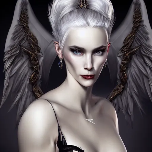 Image similar to perfectly - centered - portrait - photograph of an evil fallen angel wearing a dress, the perfect human female specimen, intricate, elegant, super highly detailed, professional digital painting, artstation, concept art, smooth, sharp focus, no blur, no dof, extreme illustration, unreal engine 5, 8 k, by anne stokes