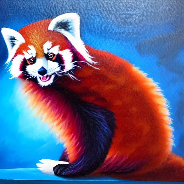 Prompt: an oil painting of a red panda with blue fur playing video games, furry, oil on canvas, cute, highly detailed, soft lighting, pastel, pretty