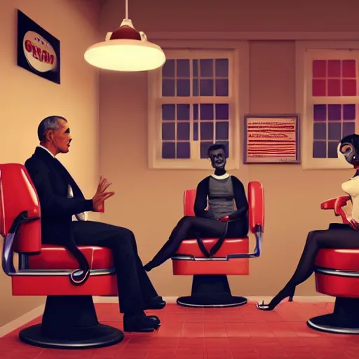 Prompt: illustration of nicki minaj sitting next to barack obama in a 6 0's vintage barbershop. symmetry, cinematic scene. ambient lighting, brownish colors, hyper detailed. octane render. concept art. trending on artstation.