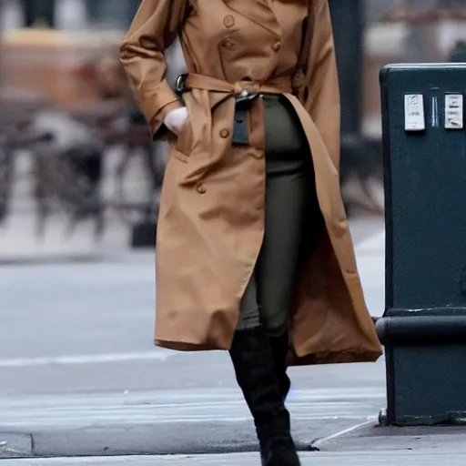 Image similar to movie still of evan rachel wood with dark brown long hair with bangs wearing a trench coat walking in new york city