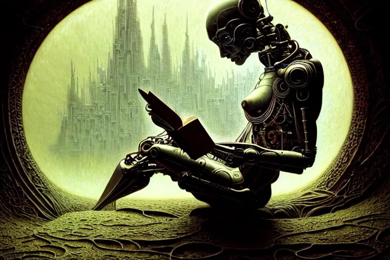 Prompt: a cyborg reading an old book, fantasy, sci - fi, intricate, elegant, dramatic lighting, highly detailed, lifelike, photorealistic, digital painting, artstation, concept art, smooth, sharp focus, illustration, art by beksinski and john blanche and paul dainton and albert aublet and artem demura and alphonse mucha