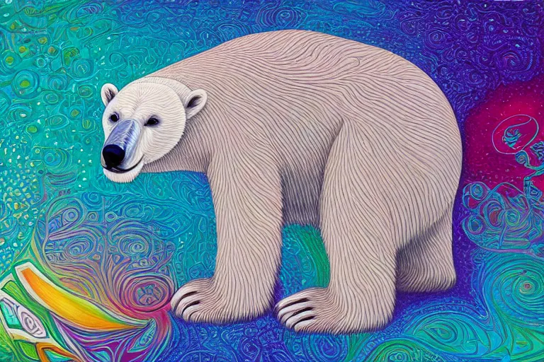 Image similar to a relaxed polar bear looking to the sky by lisa frank, alex grey, flooko, acrylic, digital art, painting,