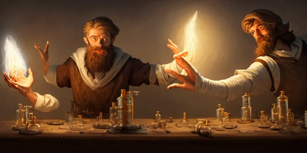 Prompt: a handsome bearded white male wizard with brown hair he is casting a spell emanating from his hands, he is in a alchemist workshop filled with beakers and equipment, neurral hand pose, neutral pose, sharp focus, waist up, 4 k, by greg rutkowski, rudy siswanto and anna podedworna