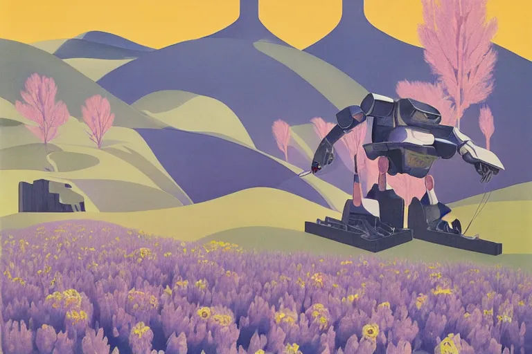 Image similar to giant mecha robot, blooming hills with spring flowers and pillars by helen lundeberg