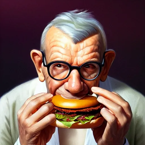 Prompt: portrait of george burns eating hamburgers, extra onions and ketchup, luscious patty with sesame seeds, feminine ethereal, handsome, d & d, fantasy, intricate, elegant, highly detailed, digital painting, artstation, concept art, matte, sharp focus, illustration, art by artgerm and greg rutkowski and alphonse mucha