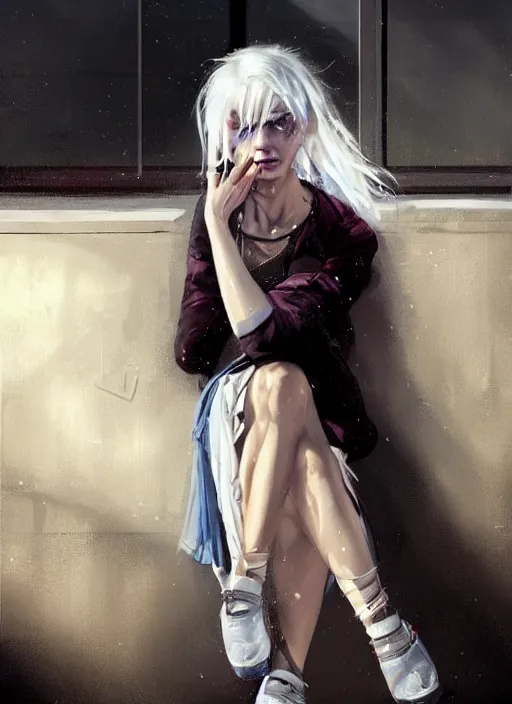 Prompt: white haired woman in a skirt sitting on a window, plaid skirt, cyberpunk, expressive oil painting, night, highly detailed, trending on artstation, by artgerm, by greg rutkowski, beautiful detailed face, vivid colors, detailed body