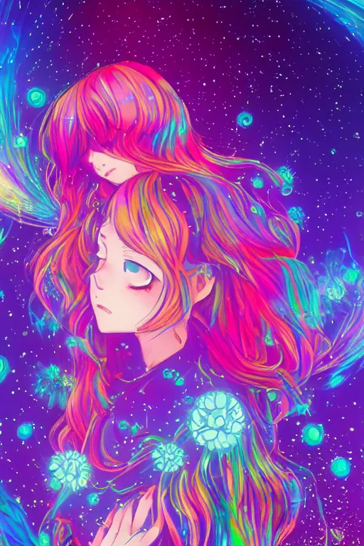 Image similar to psychedelic, whimsical, anime, 4k, beautiful intimate woman with professional makeup, long trippy hair, a crystal and flower dress, sitting in on a reflective pond underneath the stars, rainbow fireflies, trending on patreon, deviantart, twitter, artstation, volumetric lighting, heavy contrast, art style of Ross Tran and Ilya Kuvshinov