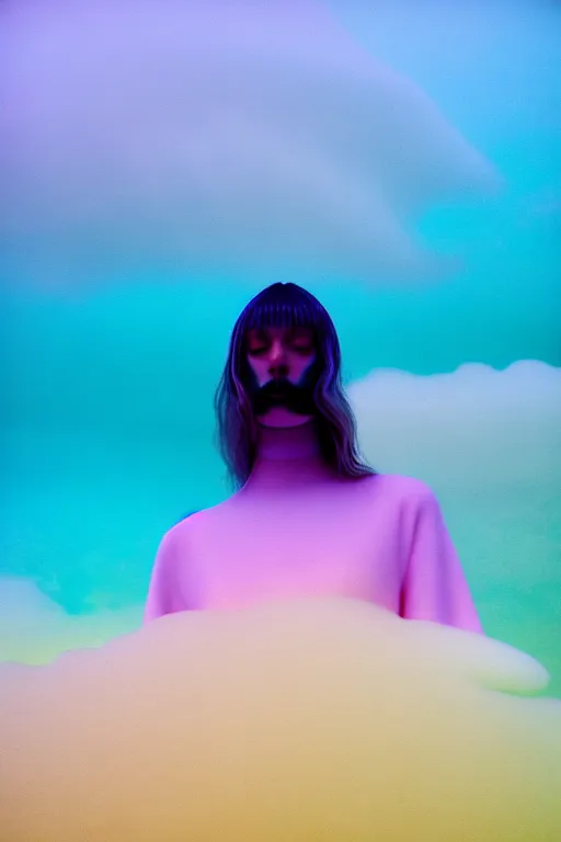 Image similar to high quality pastel coloured film close up wide angle photograph of a model wearing clothing swimming on cloud furniture in a icelandic black rock!! environment in a partially haze filled dreamstate world. three point light, rainbow. photographic production. art directed. pastel colours. volumetric clouds. pastel gradient overlay. waves glitch artefacts. extreme facial clarity. 8 k. filmic.