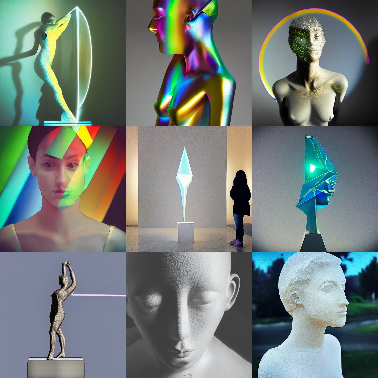 Prompt: “Prism in the shape of a sculpture of a person, refraction, beam shining through, epic, 8k”