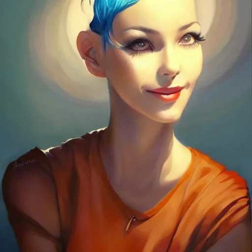 Prompt: a beautiful painting of a smiling woman with stylish short blue hair representative of the art style of artgerm and wlop and peter mohrbacher