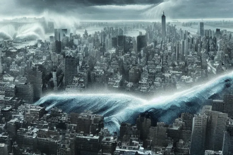 Image similar to tsunami crashing over manhattan, water flowing everywhere, bird's eye view, wide shot, cinematic, realistic style, very detailed