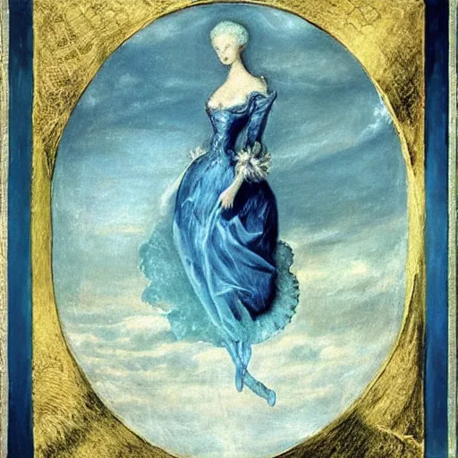 Prompt: Marie Antoinette levitating over the sea. El Greco, Remedios Varo, Salvador Dali, Carl Gustav Carus, John Atkinson Grimshaw. Blue tint. Symetrical, logo, geometric shapes.