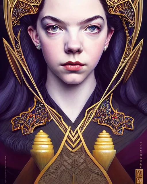 Prompt: twenty year old anya taylor - joy ( queen's gambit ) as a chess queen, art nouveau, fantasy, intricate, elegant, highly detailed, sharp focus, art by artgerm and greg rutkowski and wlop