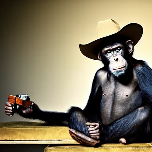 Image similar to photo of a chimpanzee wearing a cowboy hat sitting on le corbusier couch, 5 0 mm, beautiful photo