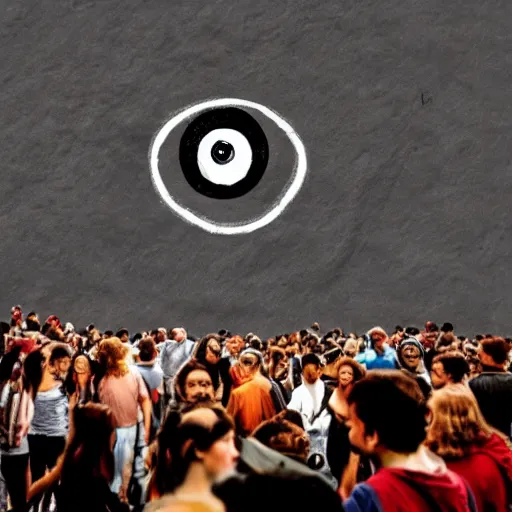 Prompt: a cave painting of a giant eye floating above a crowd of people