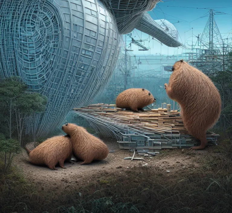 Image similar to hyperrealism caravaggio and mike winkelmann style photography hyperrealism concept art of highly detailed beavers builders that building highly detailed futuristic from far future city by wes anderson and hasui kawase and scott listfield sci - fi style hyperrealism rendered in blender and octane render volumetric natural light